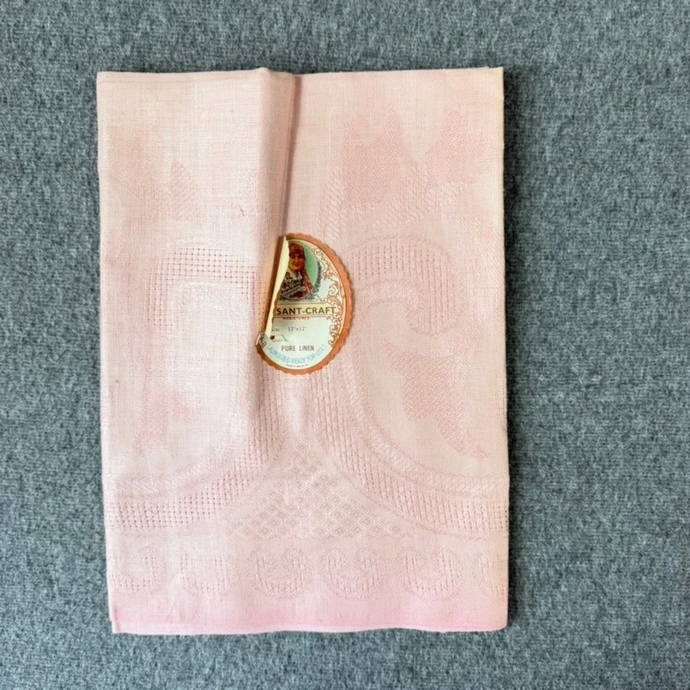 Vintage Peasant-Craft Pink Linen Damask Tablecloth‎ 52x52 Made in Belgium NOS